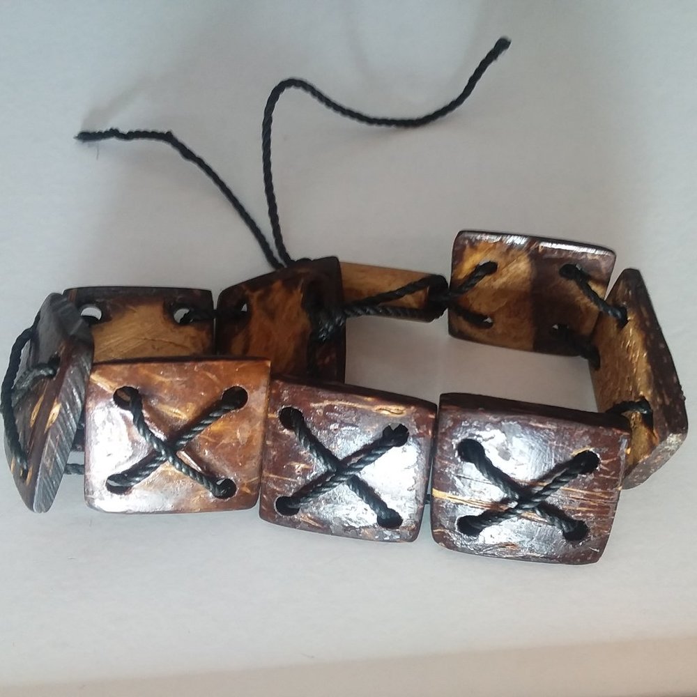 Coconut Wood Bracelet Anklet Square Tiles Artisan Made Philippines Small, 7"